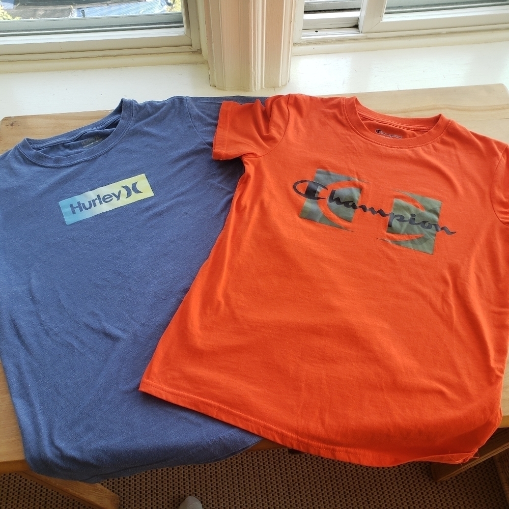 HURLEY & CHAMPION BOYS T-SHIRT BLUE & ORANGE SIZE: LARGE